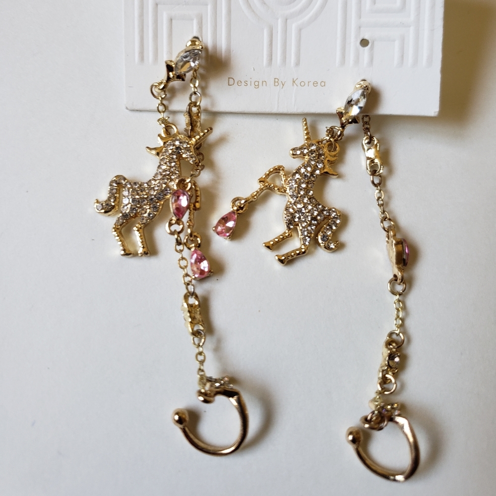 Unicorn gold and crystal fashion women earrings with ear cuffs